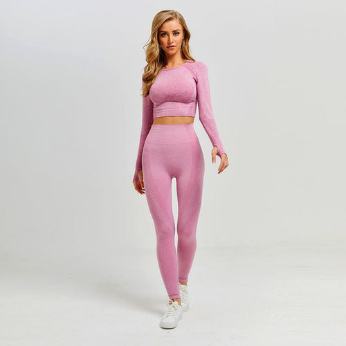 Yoga Set and Gym Clothing With Leggings Cropped Shirts Sport Suit - Pink